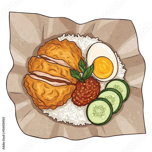 Vector illustration of nasi uduk with fried chicken, boiled egg, sambal, and cucumber slices, top view, paper food wrap style
