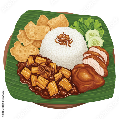vector of gudeg Jogja served on banana leaf with rice, krecek, and chicken