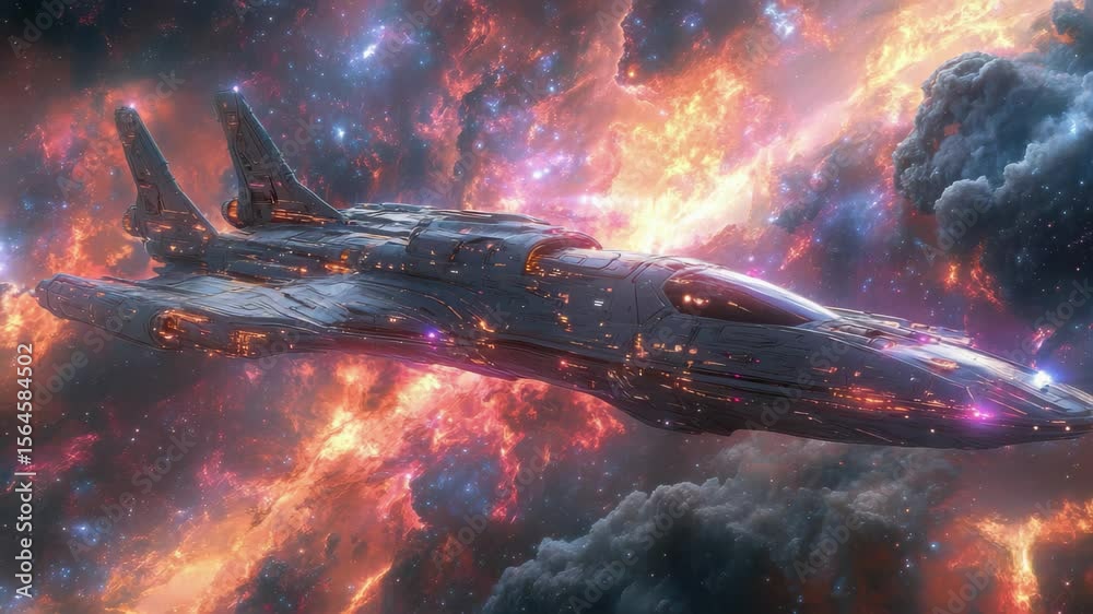 A futuristic spaceship soars through a vibrant nebula, its powerful engines glowing intensely