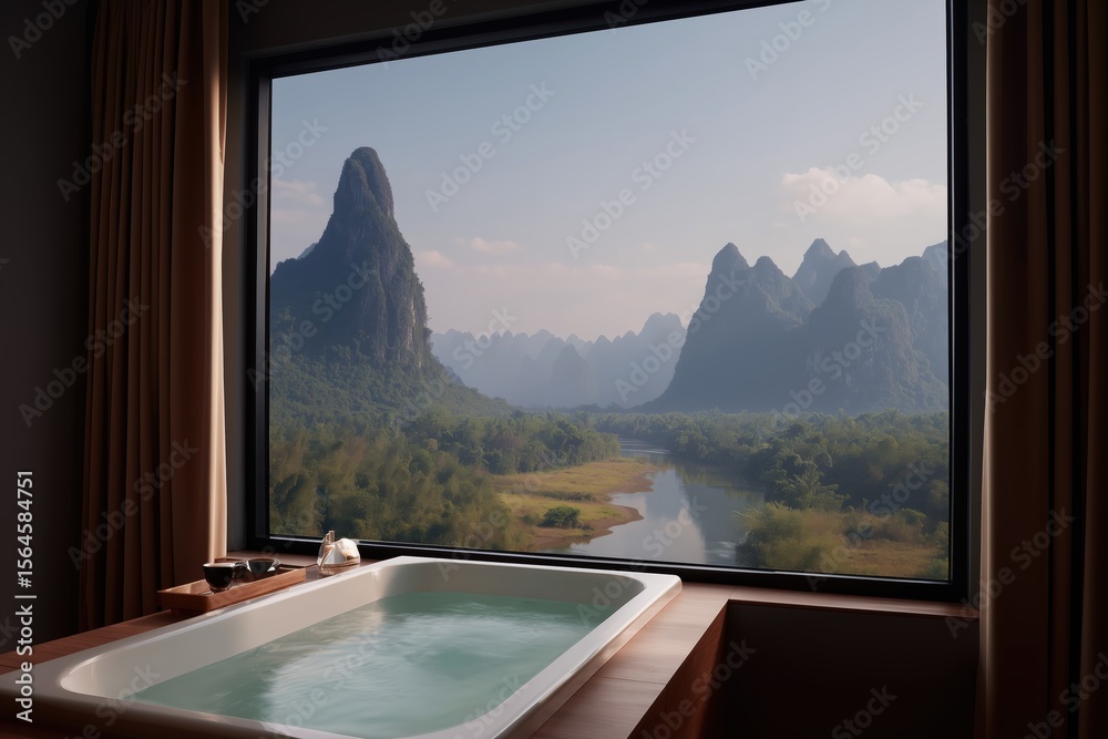 Fototapeta premium A luxurious bathtub offers a breathtaking panorama, overlooking lush green mountains in a serene spa setting, combining relaxation with a stunning view.