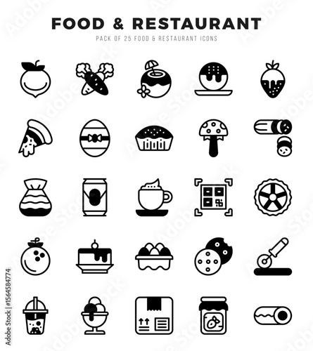 Collection of Food and Restaurant 25 Lineal Filled Icons Pack.