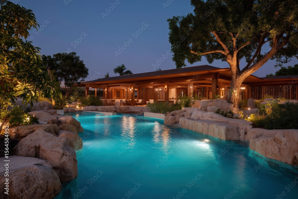 Fototapeta premium Luxury villa with infinity pool at night