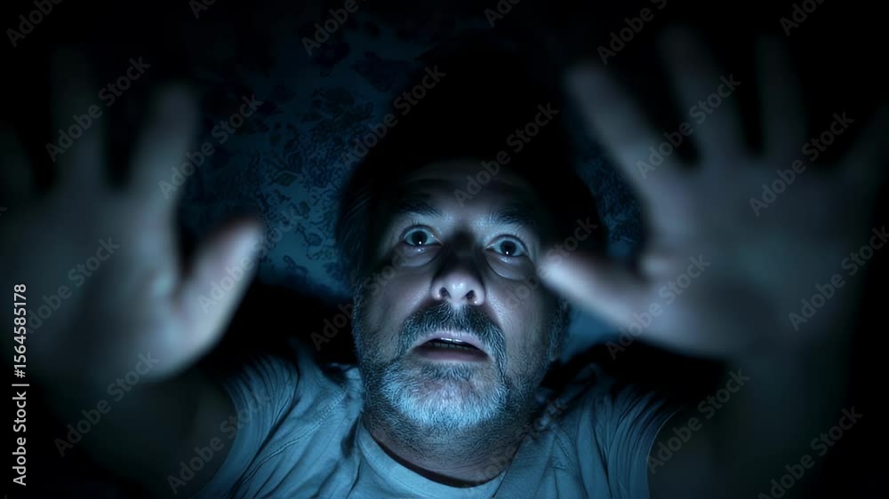 A closeup captures the mans face in an expression of fear and confusion as he wakes suddenly arms raised as if to fend off an invisible threat. The surrounding darkness seems to close A closeup captures the mans face in an expression of fear and confusion as he wakes suddenly arms raised as if to fend off an invisible threat. The surrounding darkness seems to close