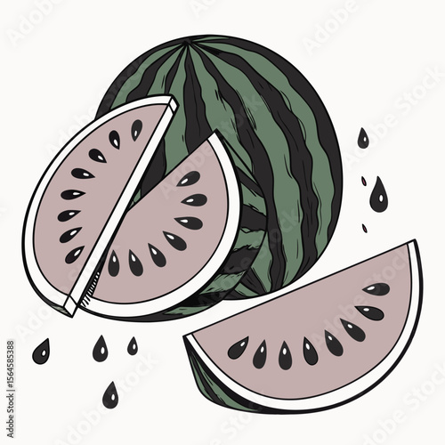 Juicy red and green watermelon fruit vector illustration, perfect for a sweet summer dessert icon