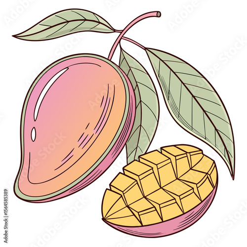 Fresh mango vector illustrations with green leaves, isolated on white for healthy food and nature-inspired art