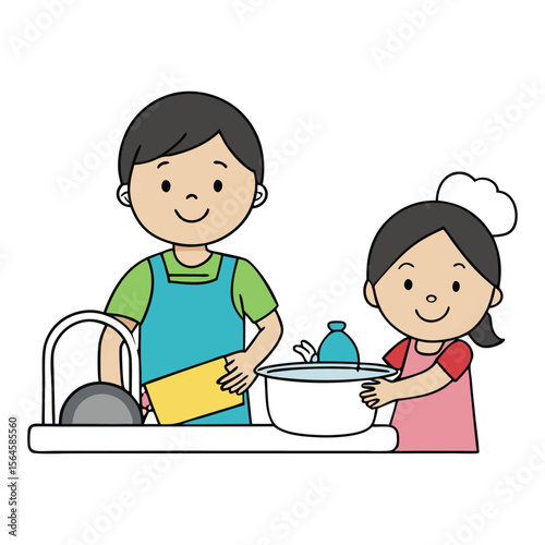 Kids happily helping their parents wash dishes together, sharing smiles and teamwork while cleaning the plates, making chores fun and bonding as a family.
