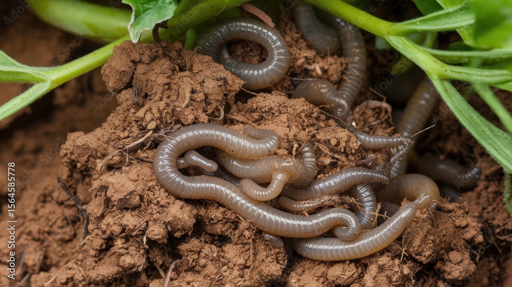 Fototapeta premium Close-up view of earthworms in soil.