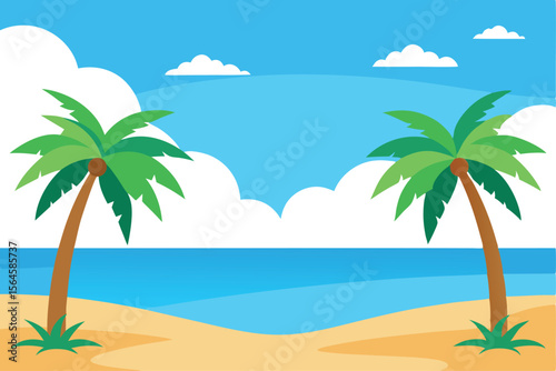 Serene Tropical Beach Scene Palm Trees, Ocean, and Sunny Sky