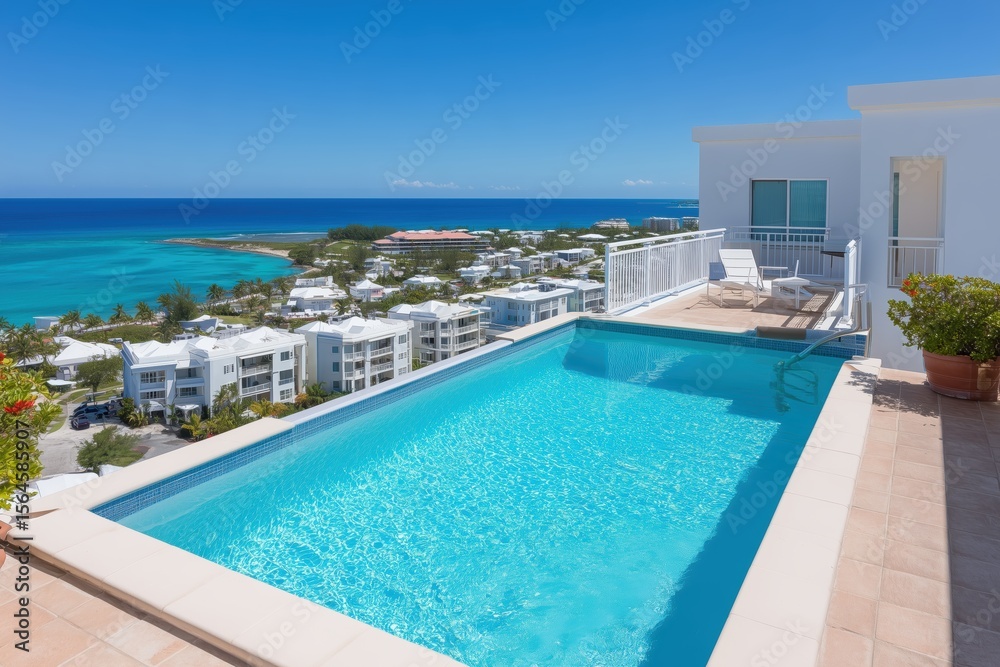 Fototapeta premium A luxurious rooftop pool offering stunning views, pristine waters and inviting relaxation, beckons with the promise of an unforgettable experience.