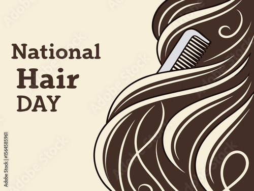 Celebrating National Hair Day with Stylish Long Hair and Comb graphic design for featuring flowing brown