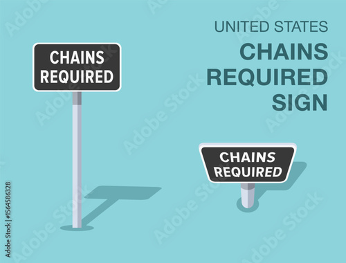 Traffic regulation rules. Isolated United States "chains required" road sign. Front and top view. Flat vector illustration template.