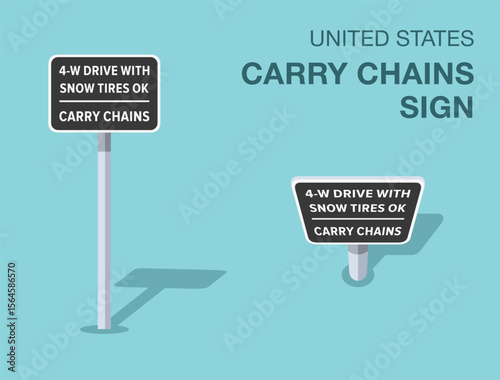 Traffic regulation rules. Isolated United States "carry chains" road sign. Front and top view. Flat vector illustration template.