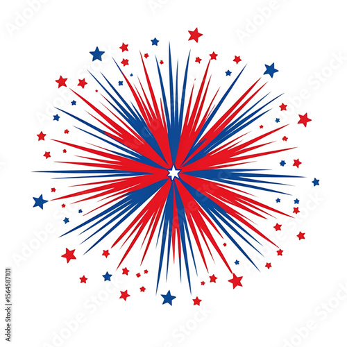Exploding red and blue fireworks with stars on black background. Festival, fun,sparkler, celebration
