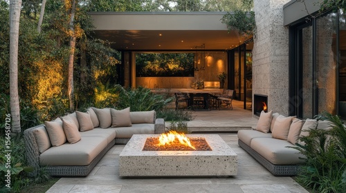 Luxurious patio with sofas and a fire pit at dusk. Ideal to showcase modern outdoor design and lifestyle images.