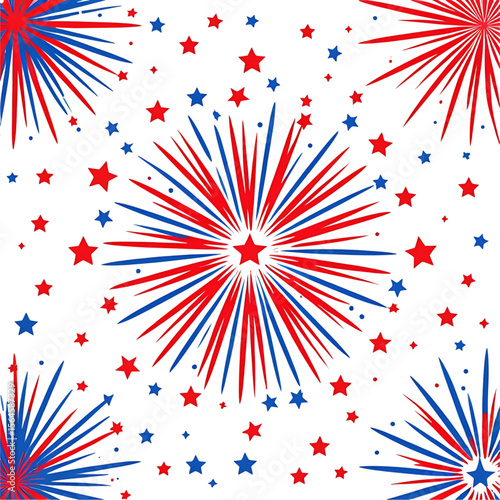 Exploding red and blue fireworks with stars on black background. Festival, fun,sparkler, celebration