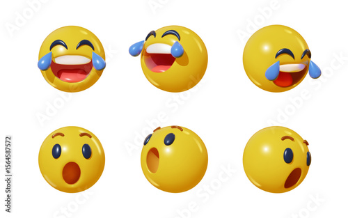set 3d emoji laughing and surprised wow emoji face in various points of view