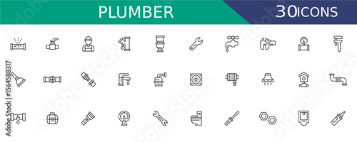 Plumbing Tools and Fixture Icons Vector Set. Line Style Plumber Icon of Pipes, Faucets, Toilets, Fittings, Tools, and Equipment for Water and Drain Systems.