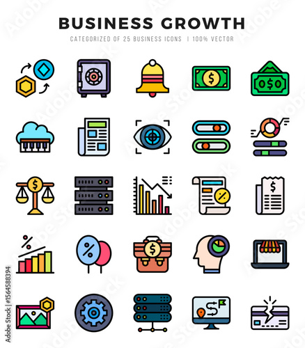 Vector icons set of Business Growth. Lineal Color style Icons.