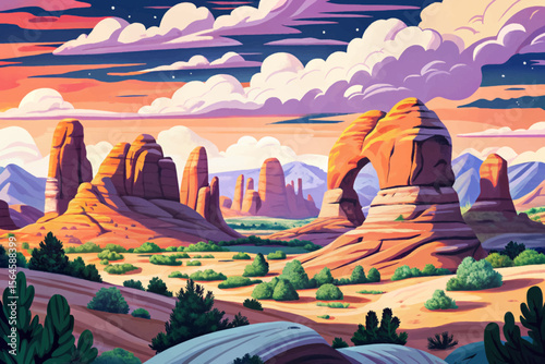 beauty of Arches National Park, where towering natural stone arches rise from the desert floor beneath vivid skies cartoon perfect for adventurers and photographers alike