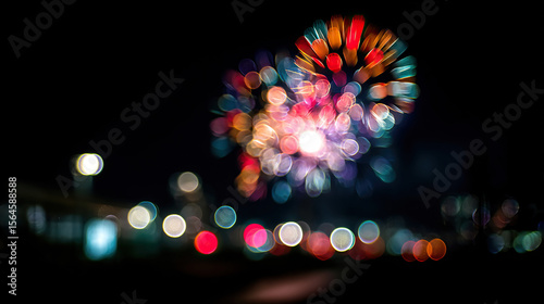 Colorful fireworks burst in the night sky, creating abstract light trails—a celebration of vibrant energy and fleeting beauty.