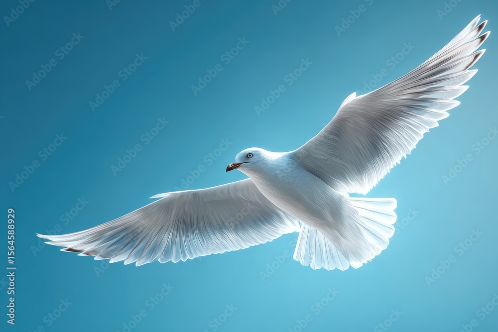 Fototapeta premium A white seagull soaring against a light blue sky.