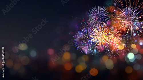 Colorful fireworks burst in the night sky, creating abstract light trails—a celebration of vibrant energy and fleeting beauty.