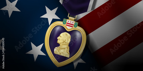 August 7, 2025 is National Purple Heart Day. Purple heart medal, american flag and dark. Great for posters, banners, and social media. Blue background.