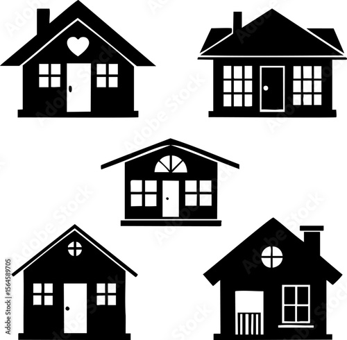 House silhouette Home icon Building shape Residential structure Roof design Window pattern Door symbol Chimney feature Cottage outline Real estate