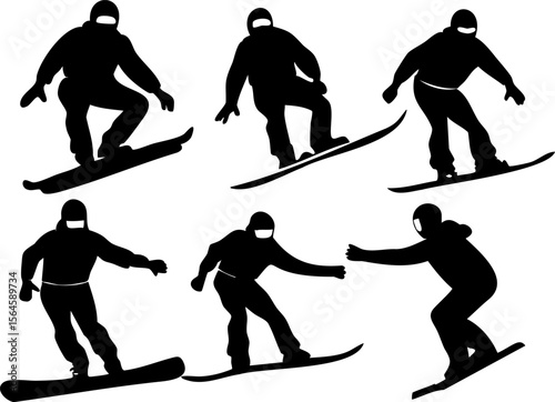 Snowboarder silhouette set showing various dynamic snowboarding poses and movements on board with helmet and winter gear