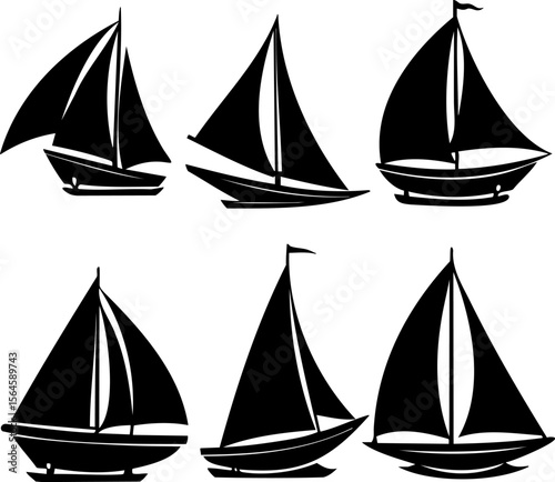 Sailboat silhouette set with six different sailboat shapes showing various sail and hull designs in black style