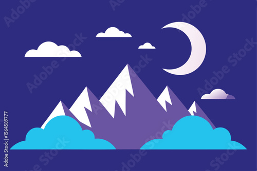 Serene Night Mountain Landscape Vector Illustration of Peaceful Mountain Peaks under Crescent Moon