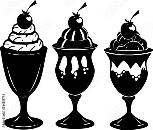 Dessert silhouette set with three different ice cream sundaes topped with cherries, creating delightful and tempting treat collection