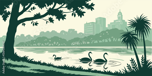 Lakeland FL Skyline Silhouette with Swan-Filled Lakes, Historic Downtown, and Green Spaces – Perfect for Central Florida Charm and Nature-Inspired Art