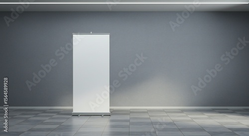 Minimalist indoor space with a white banner stand against a gray wall. Soft, focused lighting enhances simplicity and readiness for presentations.