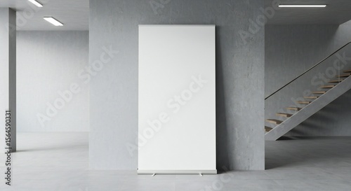 Minimalistic interior with concrete walls, white roll-up banner, soft overhead lighting, and a staircase. Focus on composition and clean lines.
