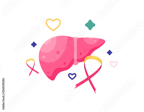 concept of awareness and concern for liver health. illustration of liver organ with red and yellow ribbon and heart symbol. flat style design. asset element. world hepatitis day