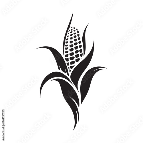 corn silhouette vector illustration on white background, A simple corn cob with some leaves art silhouette and black shape corn vector art illustration, Corn cobs elements icon vector illustration