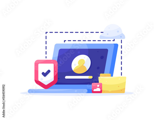 a concept of personal data protection. Authentication and Authorization. protection and security to protect information data and files on a laptop. illustration of a laptop with a shield, folder