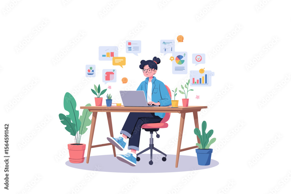 Fototapeta premium a clean and soft digital illustration showing a person working on a laptop at a tidy desk, with floating data elements around, modern and friendly style