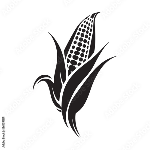 corn silhouette vector illustration on white background, A simple corn cob with some leaves art silhouette and black shape corn vector art illustration, Corn cobs elements icon vector illustration