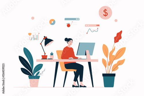  a clean and soft digital illustration showing a person working on a laptop at a tidy desk, with floating data elements around, modern and friendly style