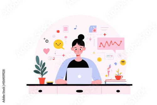  a clean and soft digital illustration showing a person working on a laptop at a tidy desk, with floating data elements around, modern and friendly style