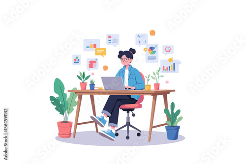  a clean and soft digital illustration showing a person working on a laptop at a tidy desk, with floating data elements around, modern and friendly style