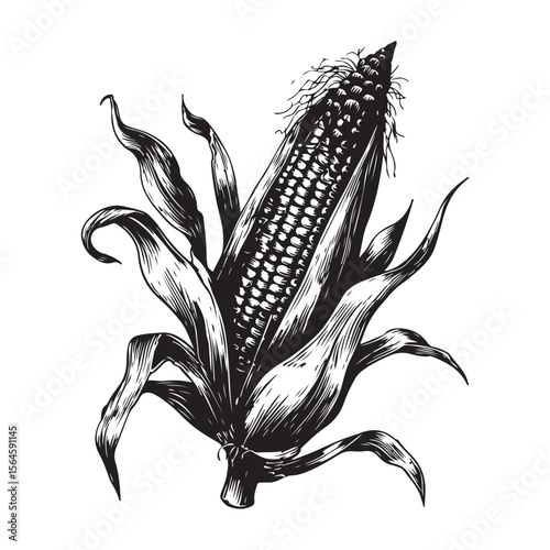 corn silhouette vector illustration on white background, A simple corn cob with some leaves art silhouette and black shape corn vector art illustration, Corn cobs elements icon vector illustration