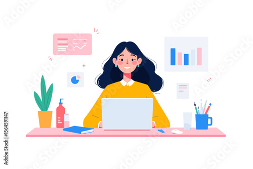  a clean and soft digital illustration showing a person working on a laptop at a tidy desk, with floating data elements around, modern and friendly style