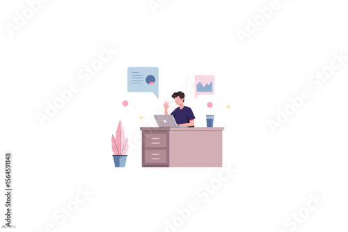  a clean and soft digital illustration showing a person working on a laptop at a tidy desk, with floating data elements around, modern and friendly style
