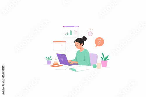  a clean and soft digital illustration showing a person working on a laptop at a tidy desk, with floating data elements around, modern and friendly style