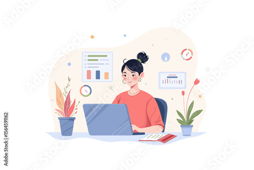 a clean and soft digital illustration showing a person working on a laptop at a tidy desk, with floating data elements around, modern and friendly style