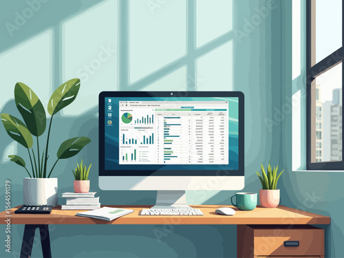 a modern home office setup witha computer monitor displaying financial spreadsheets, Coastal Calm Empower Teal accents, calculator, invoices