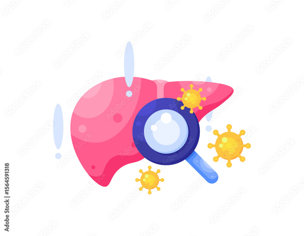 Fototapeta premium liver disease diagnosis concept. health or medical examination. virus infected liver. illustration of a liver organ with magnifying glass and virus symbol. flat style design. world hepatitis day